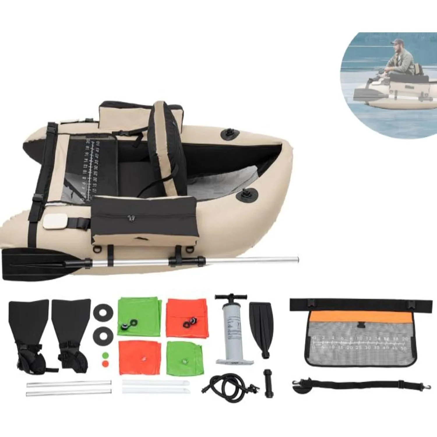 

53.5 * 41.5IN Outdoor Fishing Boat with Paddle, Flippers, 20IN Fish Ruler, Pump, Storage Pockets, 286.6LBS Load Bearing Capacity