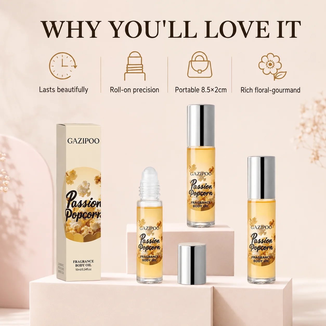 10ML Roll‑On Pheromone Oil - Portable Fragrance Oil,Popcorn Caramel Gourmand Floral Fruity Rich Scent Eau de Parfum for Dating