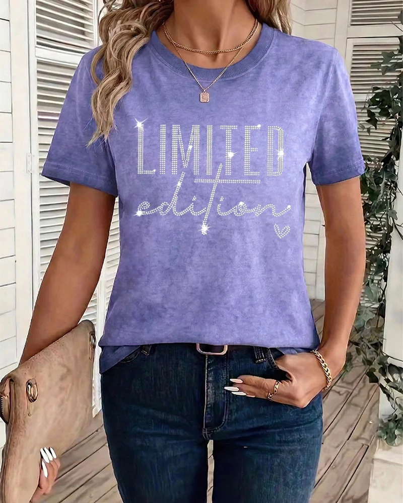New Gradient Blue-Violet T-Shirt with Rhinestones Pure Cotton Ladies Sport Short Sleeve Top Fashionable Casual Women's Tee