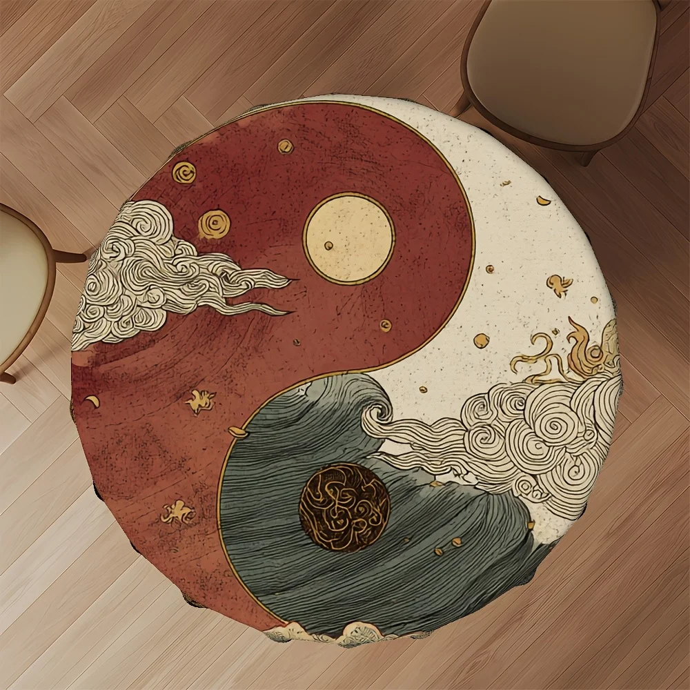 1pc Yin Yang Tai Chi Martial Arts Round Tablecloth 60 Inch Chinese Meditation Design with Traditional Clouds Dragon Patterns
