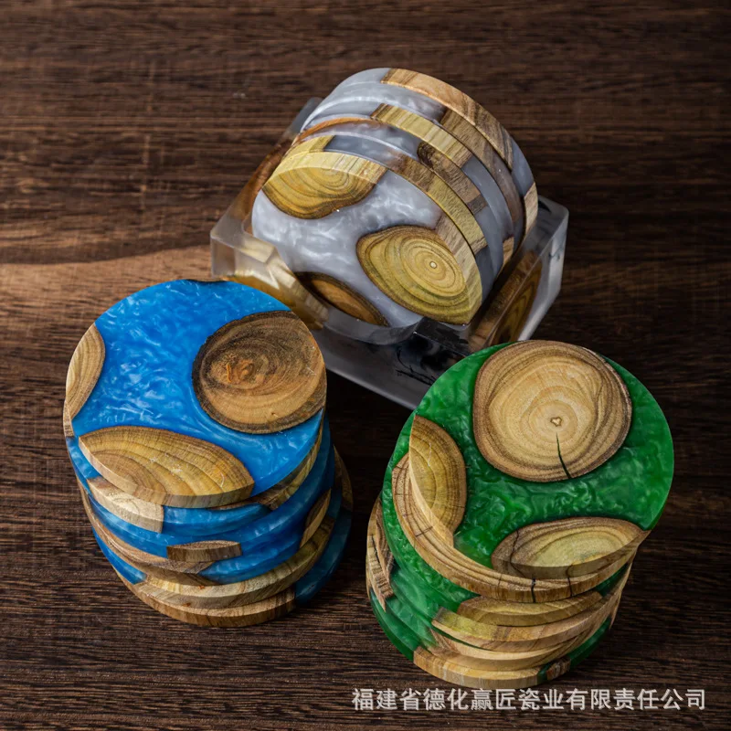 Boxwood and Marble Spliced Resin Coaster, Creative Wood Drink Mat with Stand Design for Coffee and Home Use
