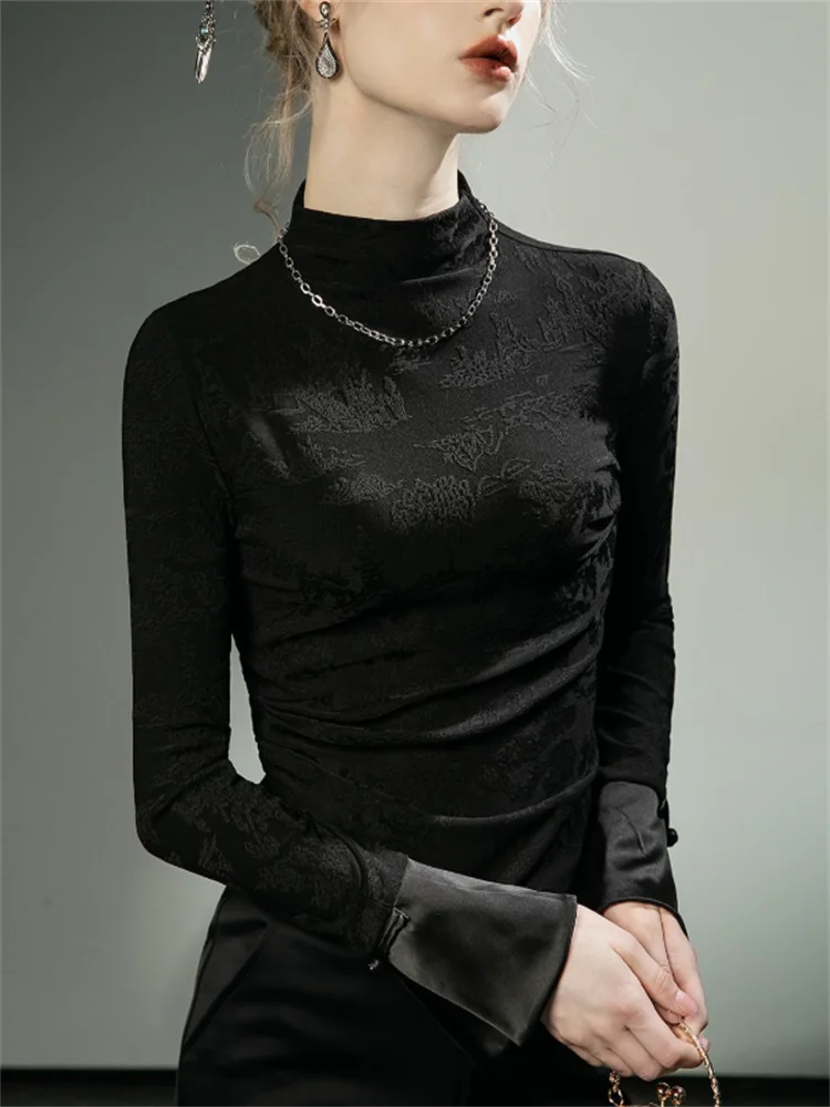 عالية الرقبة التي شيرت قاعدة بلايز السيدات تي شيرت أسود التقليدية الصينية طويلة الأكمام تي شيرت ملابس داخلية أعلى متوهج الأكمام كوع تي أنثى