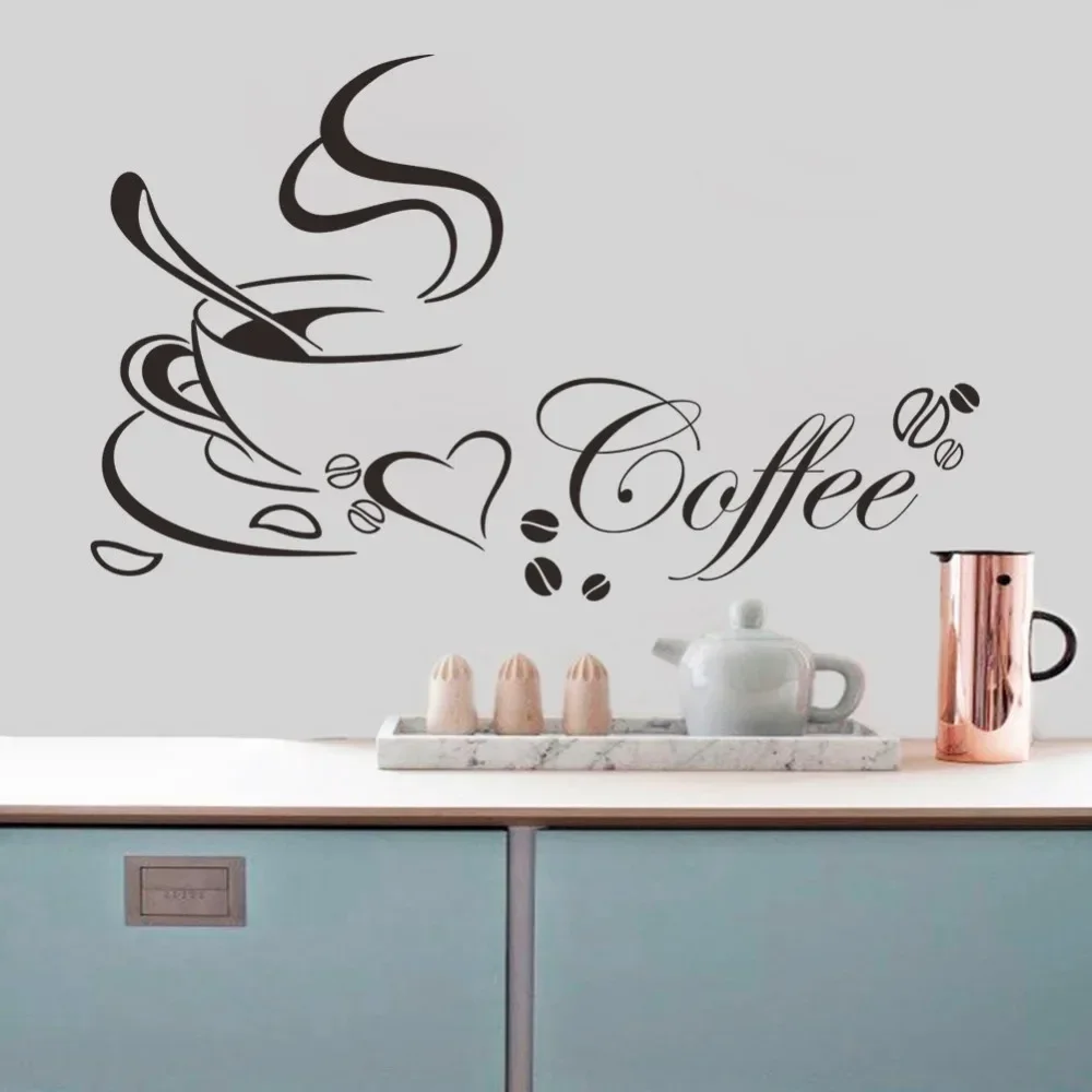 Coffee Cup With Heart Vinyl Quote Restaurant Kitchen Removable Wall Stickers DIY Home Decor Wall Art