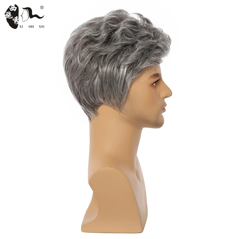 Short Mixed Grey Male Synthetic Straight Wavy Wig For Men Hair Fleeciness Realistic Natural Grey Toupee Heat Resistant Men\'s Wig