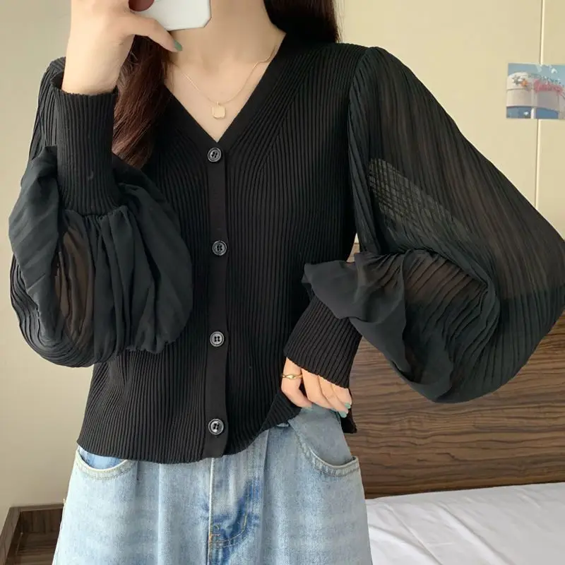 

Large Size Spliced Chiffon Sweater Korean Women's Autumn Slim Thin Cardigan Sweater Jacket