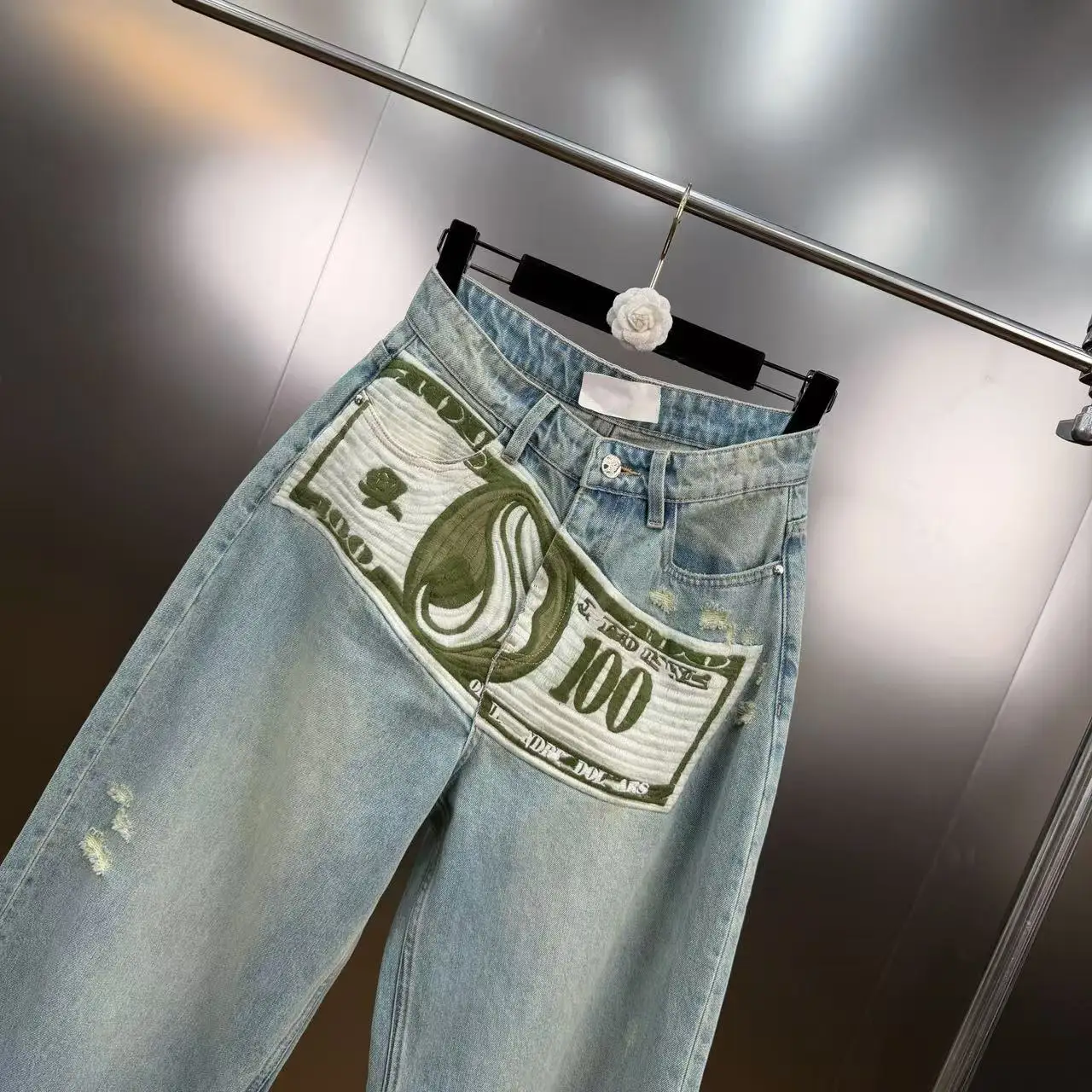 American Spice Girls High Waist Embroidery Printed Wide Leg Jeans Women New Spring Summer Floor-length Hole Straight Denim Pants