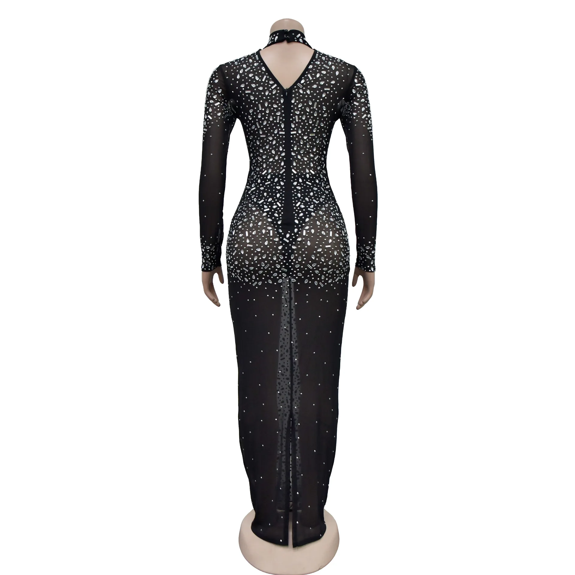 Sparkling Diamond Mesh Perspective Stand Collar Long sleeved Slim Fit Rear slit Dress New Fashion Nightclub Evening Dress