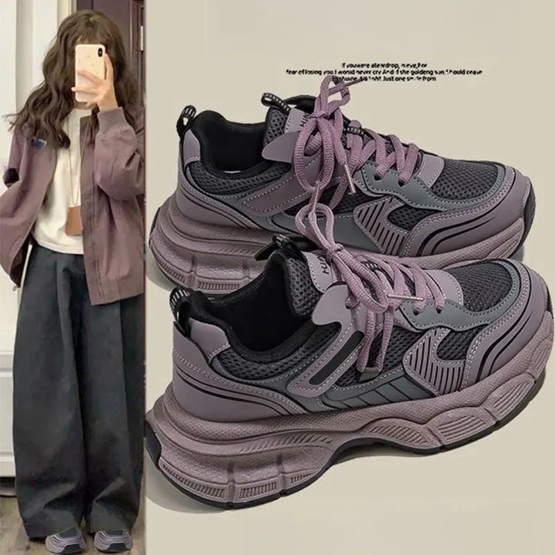 Women's Purple Mesh Chunky Sneakers 4cm Height Increase Casual Dad Shoes Lightweight Platform Sole All Season Ready Stock image 4