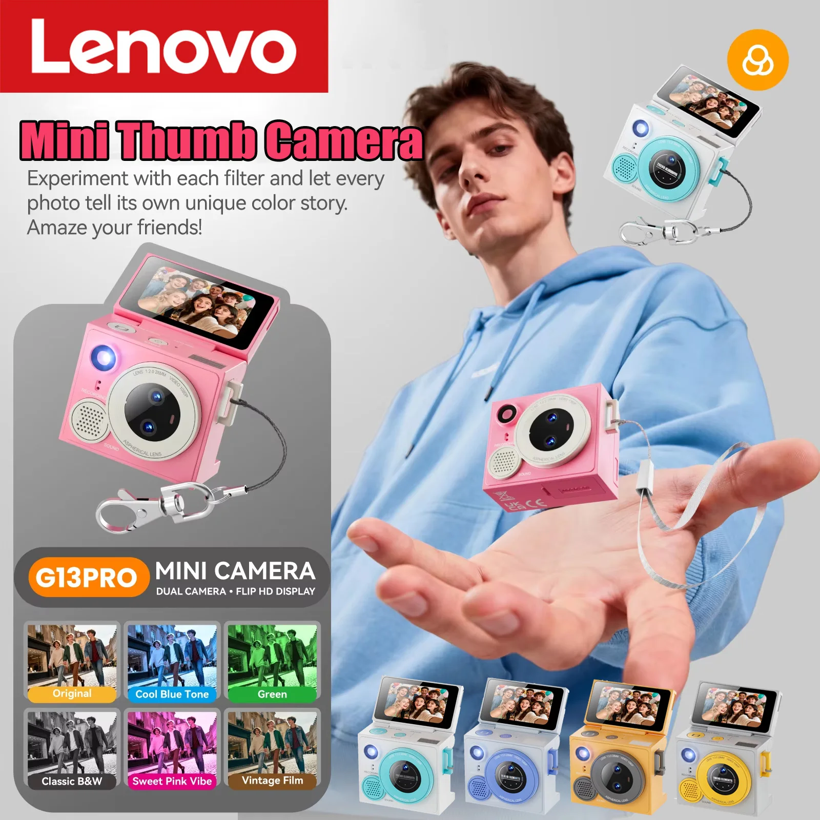 Lenovo G13 Mini Thumb Camera Sports with 180° Flip-Up Design Portable Thumb-Sized Camera Keychain Gift 21 Filters Pastel colors