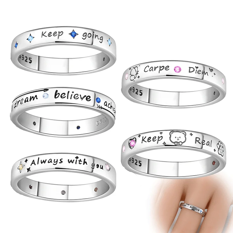 

Original 925 Sterling Silver Inspirational Phrase Rings Sparking Zirconium Simple Plain Rings Unique Anniversary Jewelry Gifts