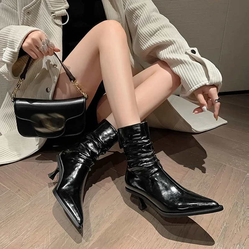 

2024 Autumn Women Boots Pointed Toe Kitten Heel Shoes High Heel Shoes Concise Modern Boots Genuine Leather Ankle Boots