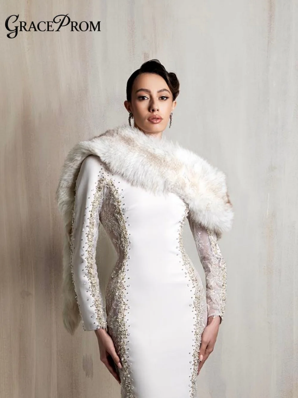 

Elegant White Prom Dress 2026 Luxury Long Sleeve Mermaid Formal Gown Exquisite Beaded Embroidery Evening Dress فساتين سهرة