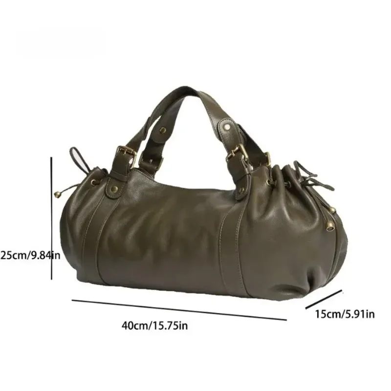 2026 Women's Soft Leather Hobo Bag Vintage Black Pleated Shoulder Tote Designer-Inspired Large Capacity Handbag