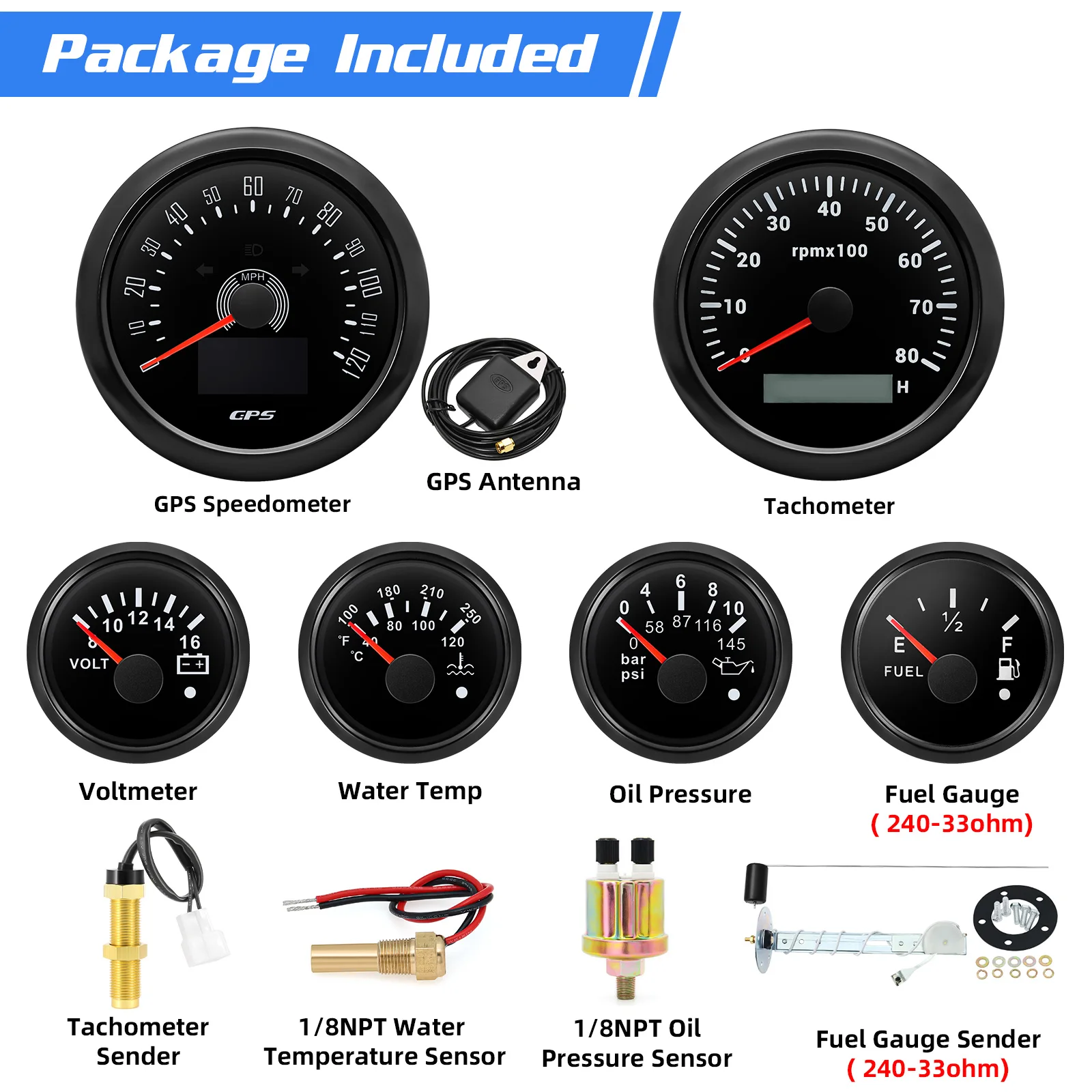 

7 Color Backlight 6 Gauges Set 85MM Speedometer Tachometer with 240-33ohm Fuel Gauge Water Temp Gauge with sensor for Car Boat