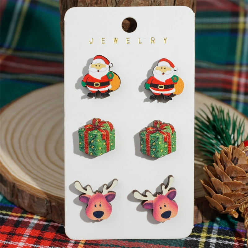 

3Pcs/Set New Year Chrismas Gift Wooden Earrings for Women Cute Santa Claus Gingerbread Cane Candy Elk Stockings Earring Jewelry
