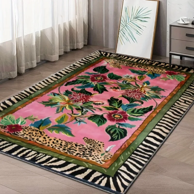 Soft Flannel Rug Pink Floral Leopard Zebra Stripe Border Jungle Non-Slip Washable Floor Carpet for Living Room Bedroom Decor