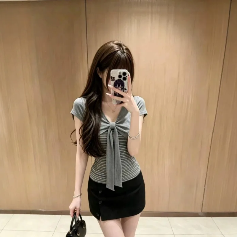 Womens V Neck Front Big Bow Spliced Striped Slim Cap Sleeve Cropped Tee