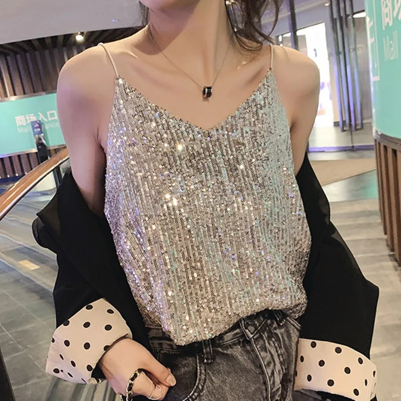 Summer  Women's Sequin V-neck Sling Vest New Sexy Glittering  Short Loose Tops Outerwear Bottoming Shirt