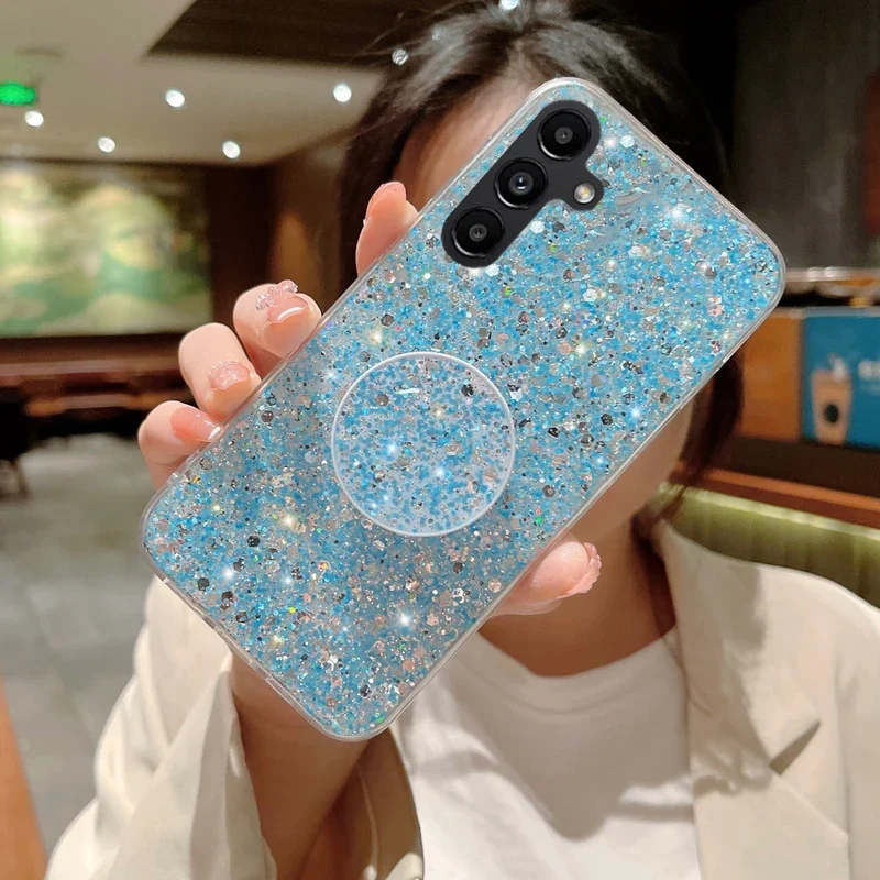 Shiny Glitter Gypsophila phone holder Case For Samsung Galaxy A15 A25 A35 A55 5G Bling Gold Silver Foil Silicone Cover