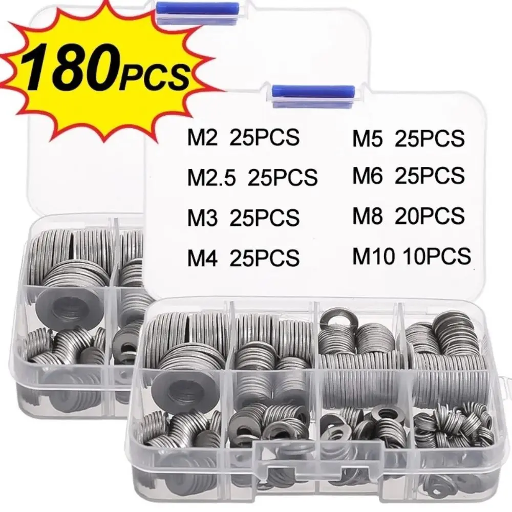 180Pcs/Box Durable M2-M10 Flat Washer Stainless Steel Multi-Size Screw Gasket Metal Fasteners Flat Washers Ring