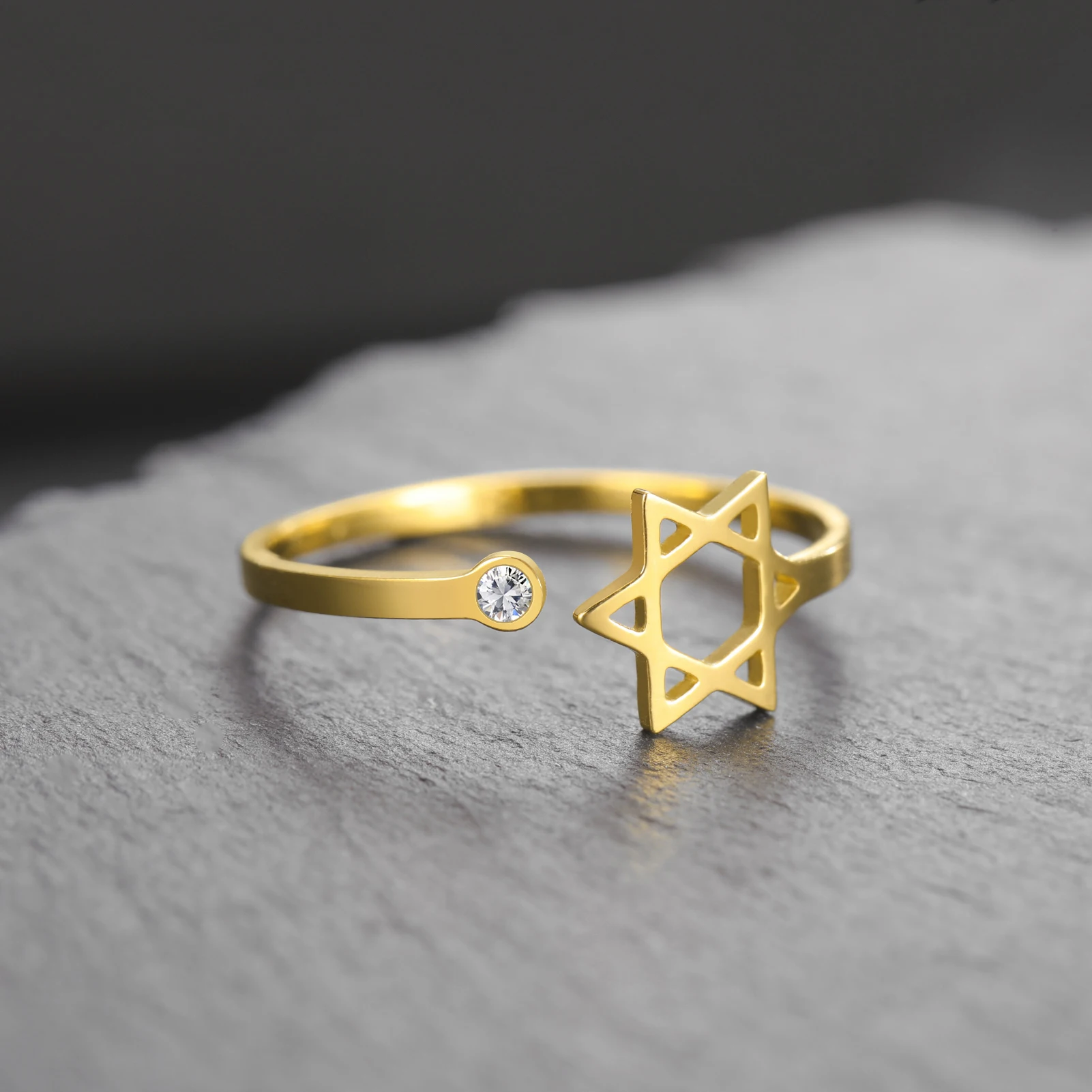 Teamer Jewish Star of David Open Ring with Clear Zircon Stainless Steel Ring Women Hexagram Jewelry Birthday Gift Wholesale