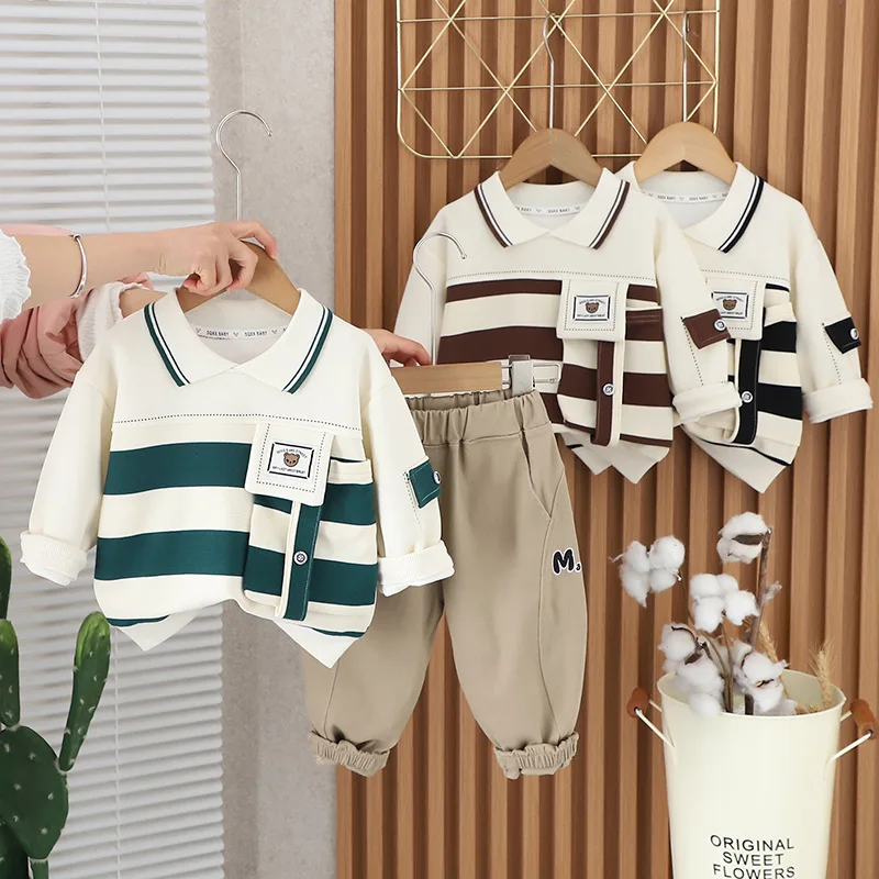 

Children's suit Autumn new casual striped polo shirt jeans Fashion children's 2-piece long-sleeved boy's suit cotton