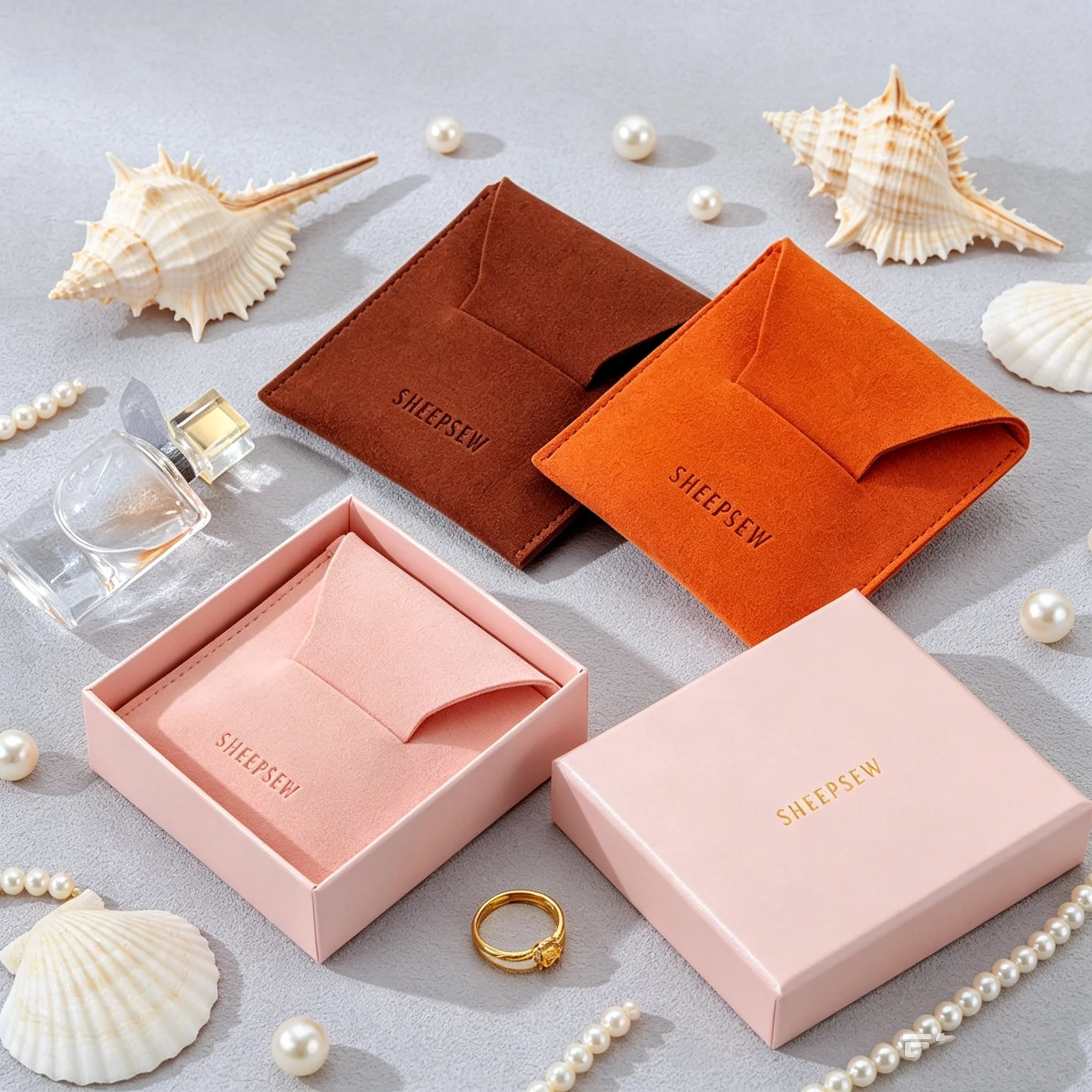 SheepSew Wholesale Custom Printed Logo Jewelry Box Matching Drawstring Pouch Bag Luxury Gift Packaging Set For Bracelet Fine Jew