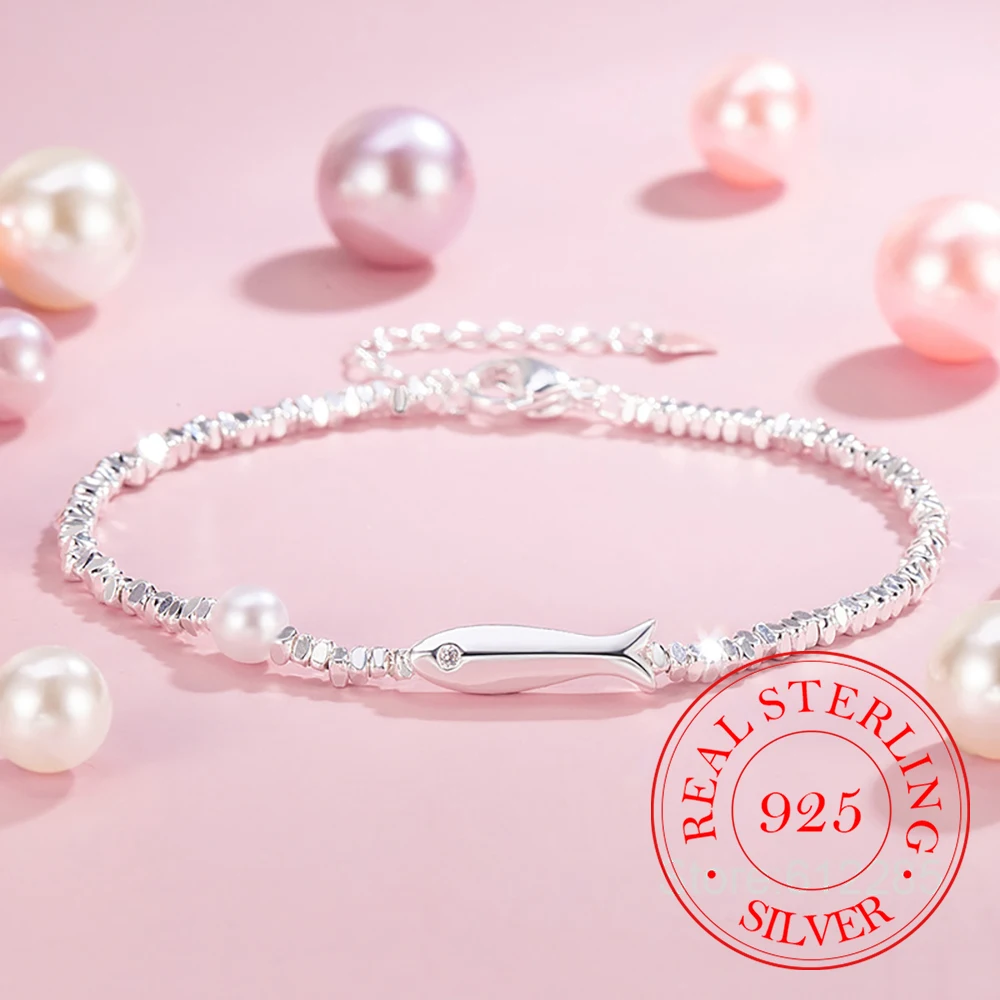 

925 Sterling Silver Small Fish Pearl Charm Bracelet for Women, Wedding Party Jewelry, Elegant Fashion Gift