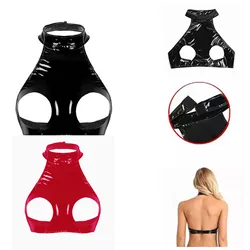 Sexy Open Cup Bra Lingerie for Womens Wet Look Patent Leather Open Nipple Exposed Breasts Bra Exotic Latex Bralette Clubwear