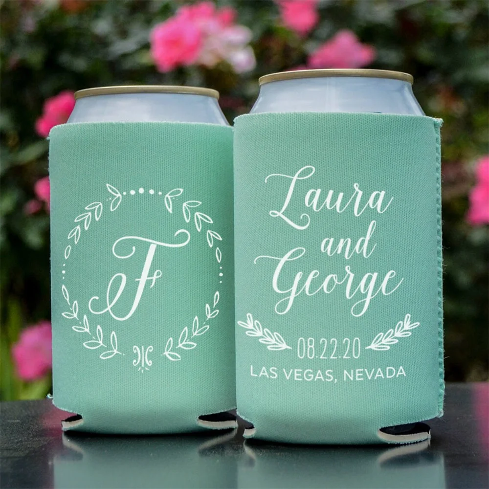 Names, Initial, & Wreath Can Coolers, Sponge Huggers, Neoprene Bottle Huggies, Personalized, Skinny Can Coolers, Wedding, Rehear