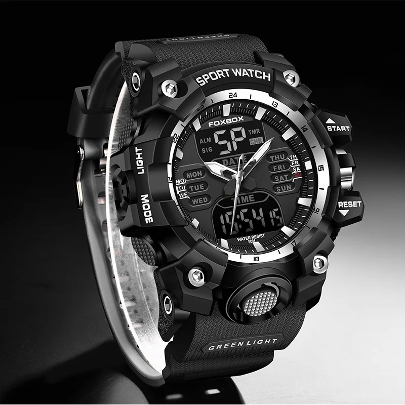 FOXBOX 탑 브랜드 럭셔리 남성용 쿼츠 손목시계, 비즈니스 실리콘 스포츠 방수 시계, 남성 패션 밀리터리 디지털 시계