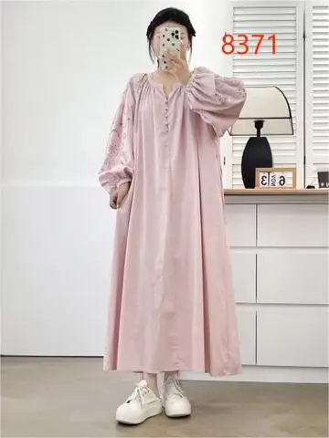 New Summer Cotton Long Sleeve Dresses, Woman O Neck Hollow Out, Mori Girl Casual French Sweet Loose Dress, 2024 Autumn D48124QC