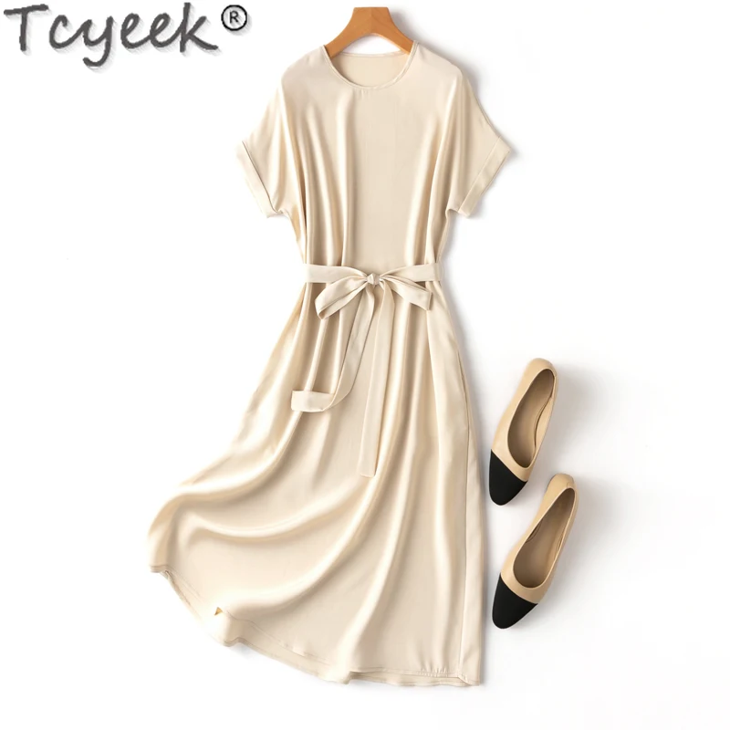 Tcyeek 93% Mulberry Silk Dress for Women 2024 Elegant Women's Dresses 25MM Real Silk Midi Dress Summer Clothes Платье Женское