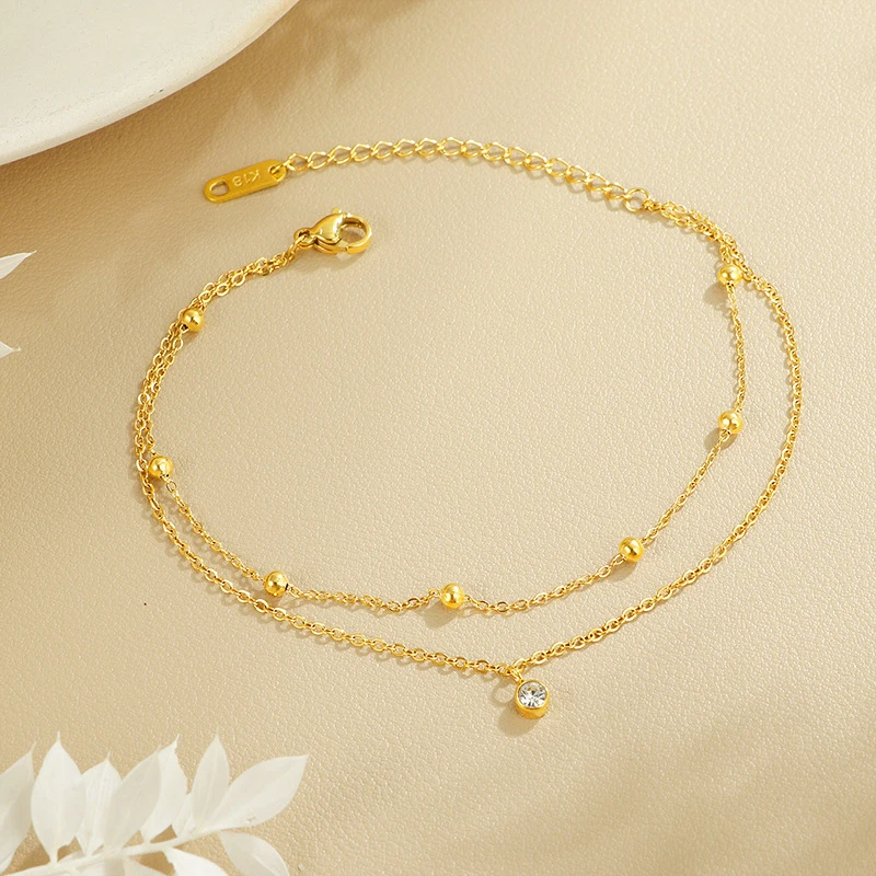 

Sexy Foot Chain, Women'S Double-Layer Beads, Single Diamond Foot Chain, 18K Gold, Can Be Worn For Showering, Internet Celebrity,