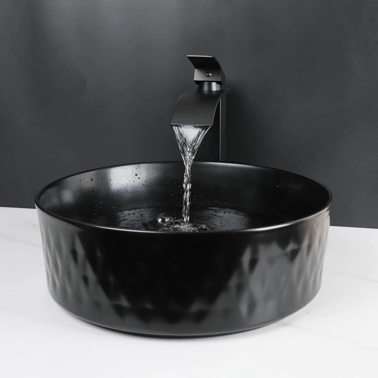 KEMAIDI Ceramic Vessel Sink with Waterfall Faucet Combo Diamond Pattern Bathroom Sink Above Counter Artistic Vessel Sink Bowl