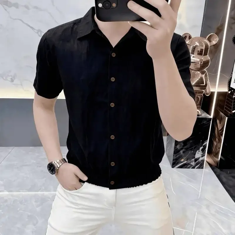 Men's Short Sleeve Button Up Shirt with Turn Down Collar Solid Color Casual Top Breathable Lightweight Summer Daily Wear