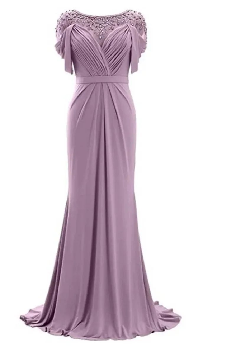 YNQNFS floor length round neck wine red bride mother dress beaded short sleeve knitted formal evening dress wedding guest dress