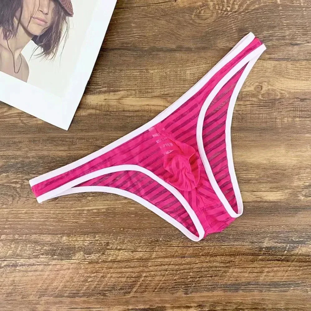 Men's Horizontal Stripe Mesh Triangle Underwear Slim Fit Elastic Waist Briefs Youth Fashion U Convex Pouch Mini Underpants