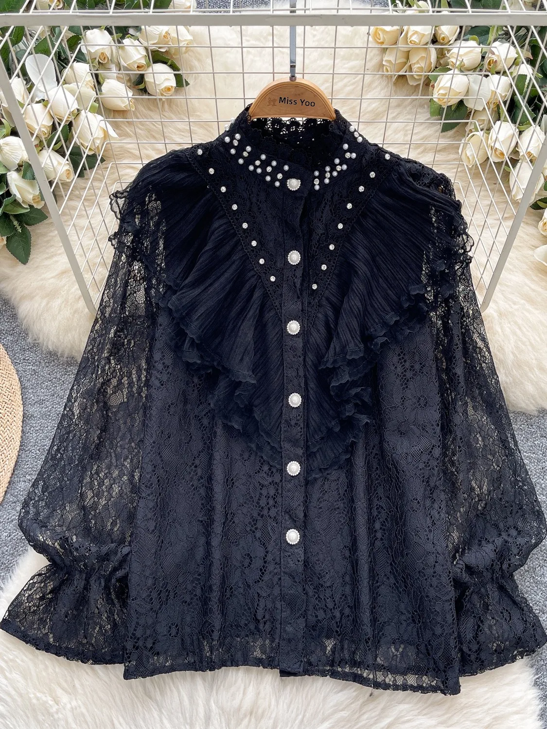 

Retro Court Sle Heavy Embellied Long Sve Women's irt Slimming Single Button Lace Trimmed Blouse Korean Loose Fit