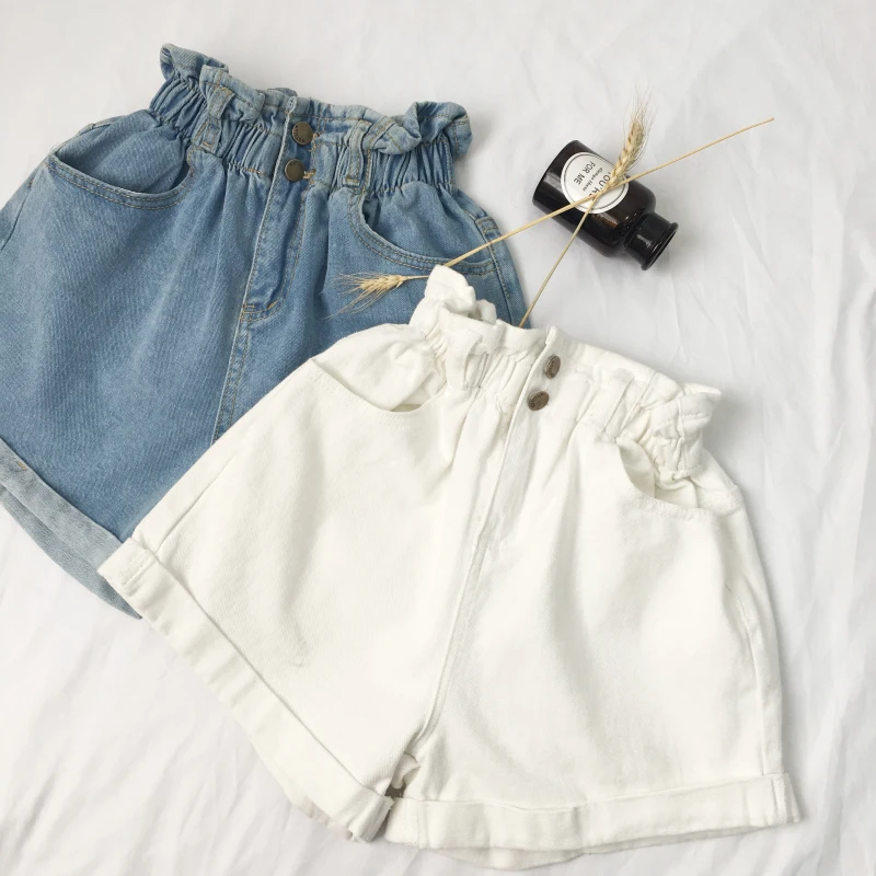

High waist denim shorts for women, casual fashion buttons, loose fit, elastic waist pockets, blue and white, summer 2024