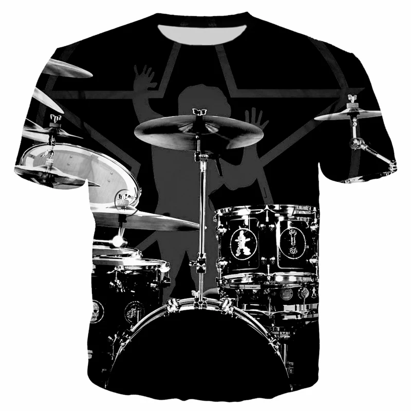 New Summer Leisure Fashion DJ Clothing Drum Set Pattern Men T-Shirts 3D Print Hip Hop Tees Round Neck Short Sleeve Tops