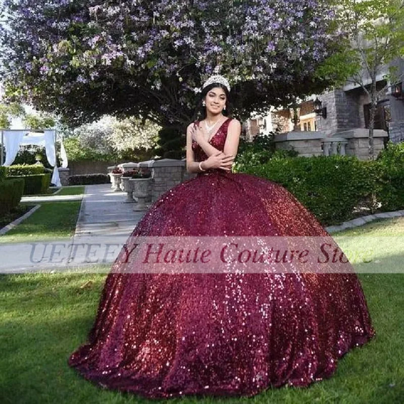 Vestido de baile de quinceañera rojo brillante de lujo para niñas, vestidos de fiesta de cumpleaños y graduación con lentejuelas de 16 años