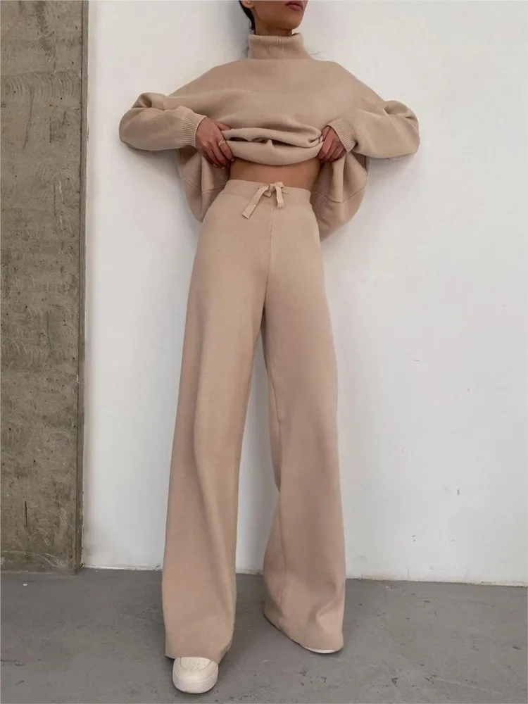 Commuter Loose High Neck Long Sleeved Pullover 2-piece Set 2026 Autumn Fashion High Waist Lace Up Wide Leg Pants Women's Set