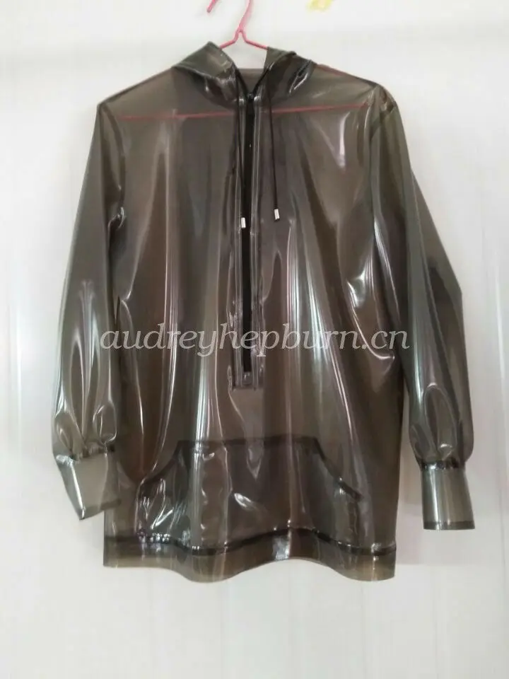 100% Latex Rubber Gummi Anzug Handsome Cool Hooded Coat Smoke Gray Size XXS-XXL