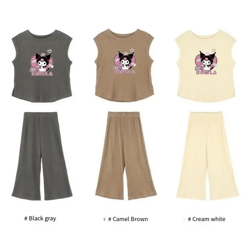 Kawaii Anime Sanrios Child Fashion Suit Kuromi Girl Cartoon T-Shirt Ice Silk Tank Tops Summer Cartoon Short Sleeve Trousers 2Pcs