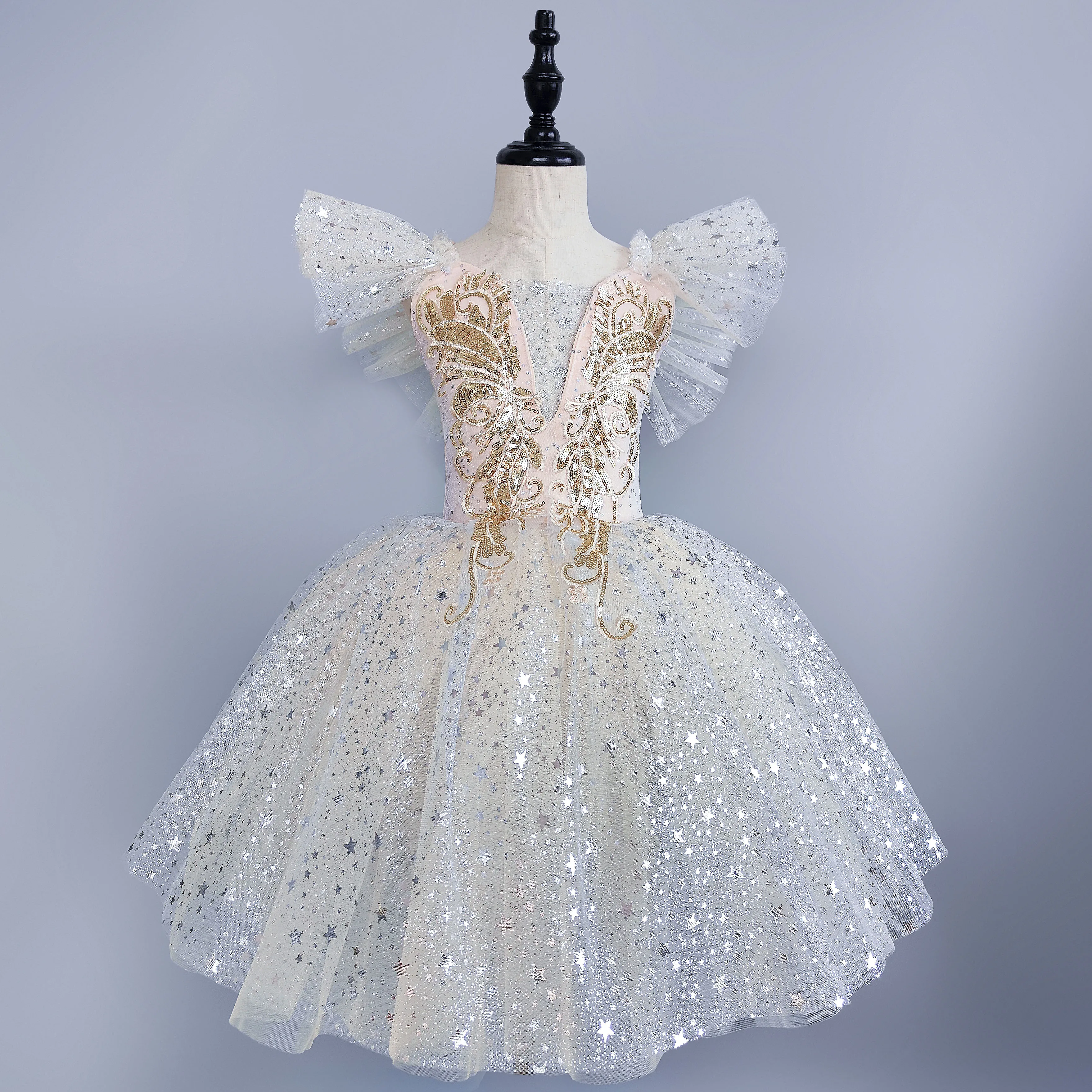 女の子のロマンチックなロングバレエチュチュスカート子供用スパンコールパフォーマンス服プリンセスドレスガールダンス練習チュチュドレス