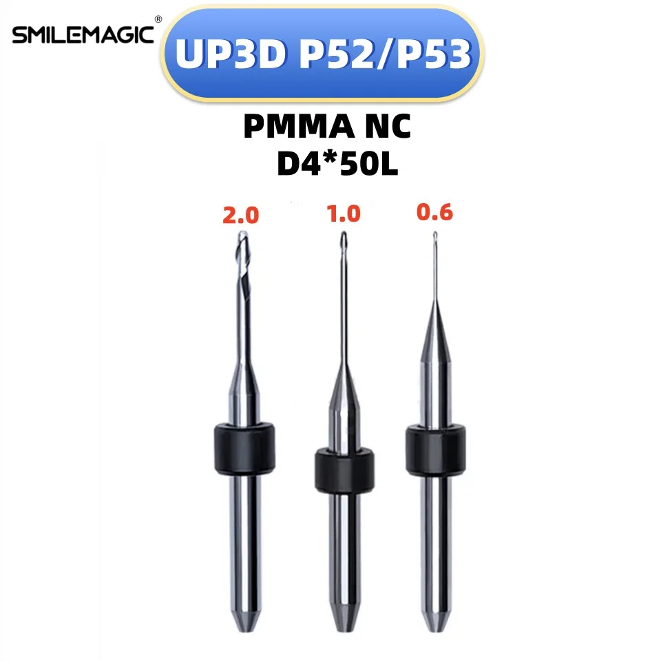 

Dental Milling Burs Cutter UP3D P52/P53 PMMA NC Needle Overall Length 50mm D4 Materials Dental Lab Griding Tools 0.6/1.0/2.0mm