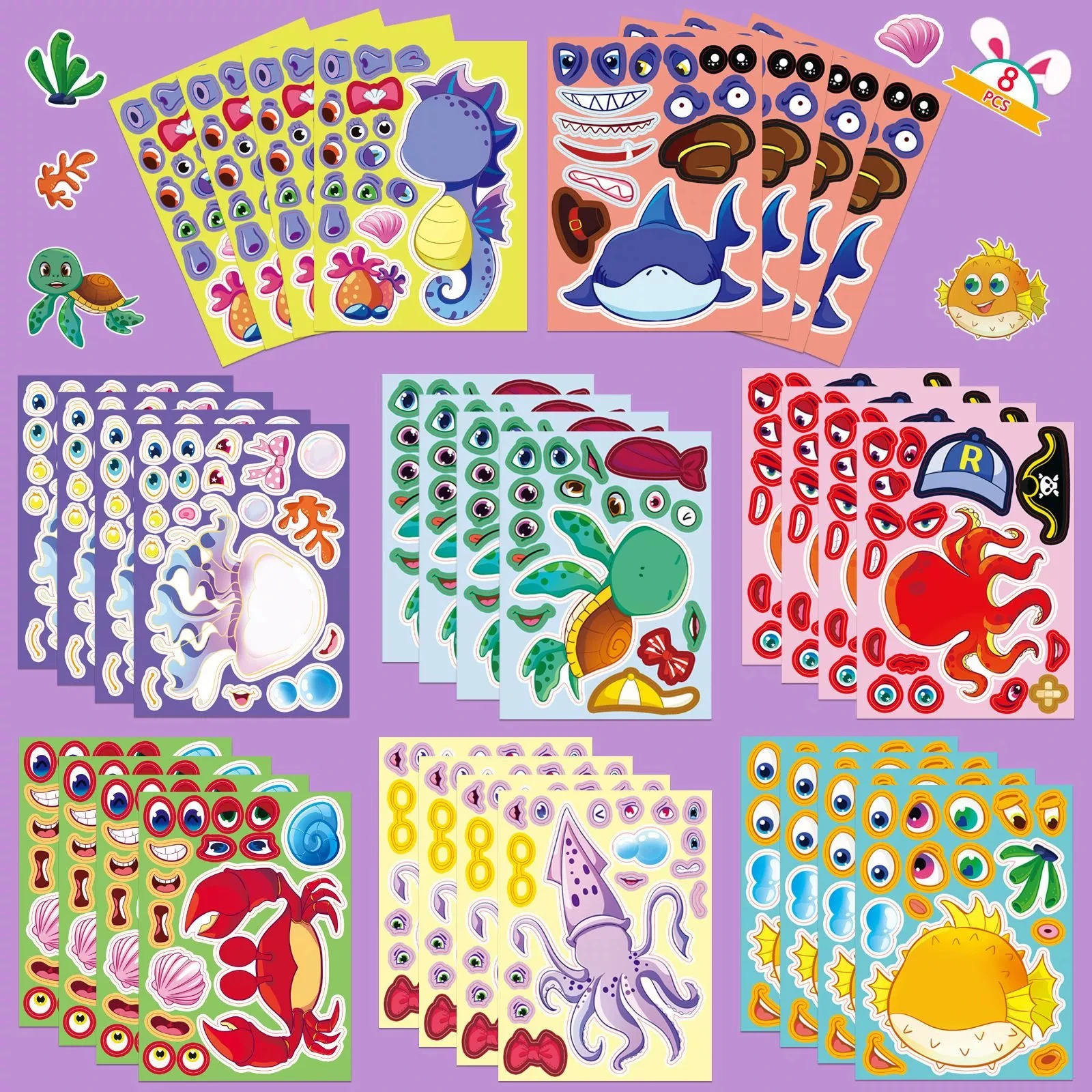 8-16 -24PCS Cute Cartoon Sea Creature Face Changing Stickers DIY Waterproof Reward Decals-Stationery Scrapbook School Suppliers