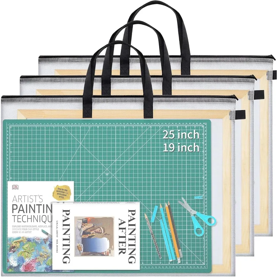 Estuche de portafolio de arte de 25x19 pulgadas, tabla de almacenamiento, bolsa de portafolio de arte con asa, carpeta de almacenamiento con cremallera para tablón de anuncios Po, 3 uds.