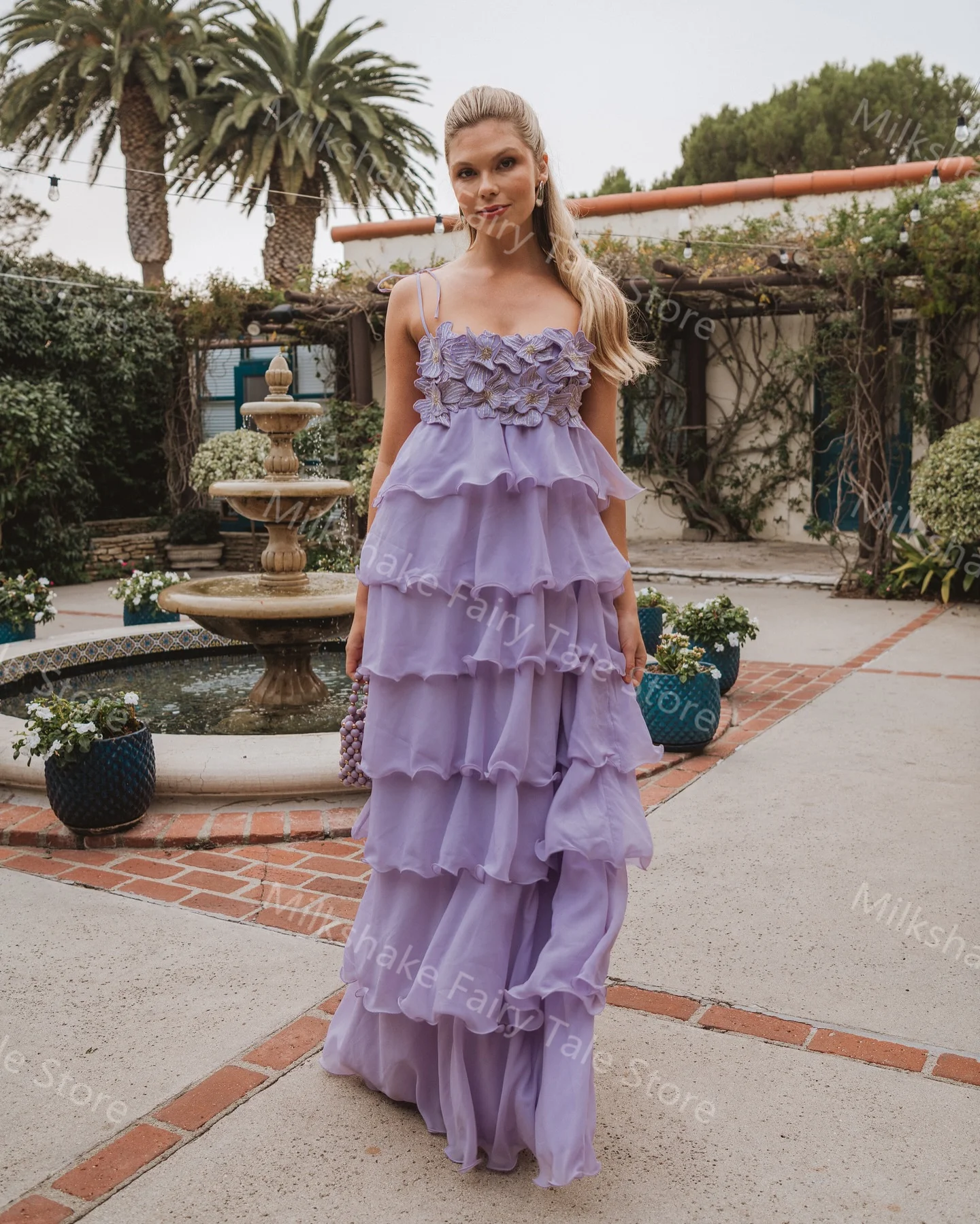 Romantic Lavender Prom Dresses Tiered Ruffles Appliques Chiffon Evening Dresses Sweep Train Customized Wedding Guest Gowns